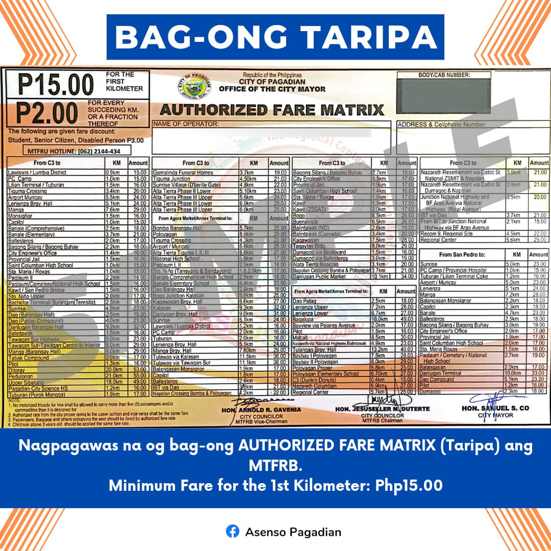 Pagadian City Tricycle Fare Matrix - MTFRB Authorized