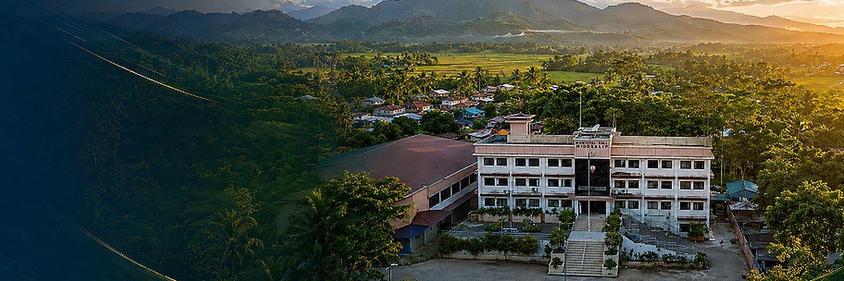 Rice terraces and the Municipal Hall of Midsalip below a forested mountain ridge
